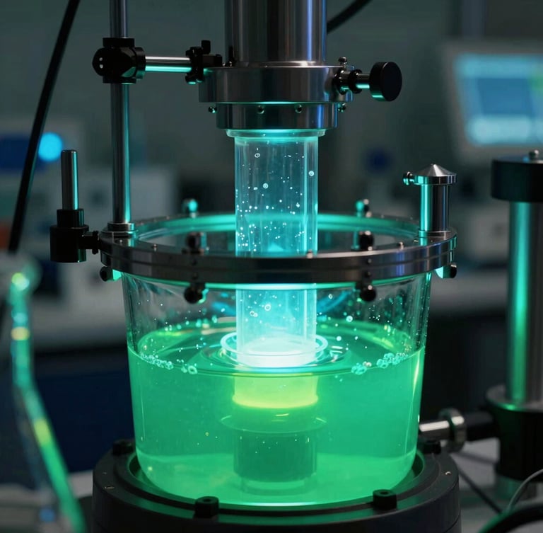 Macro photography of a modern automated chemical reactor, high-contrast laboratory lighting with vibrant cyan and emerald glows, 35mm