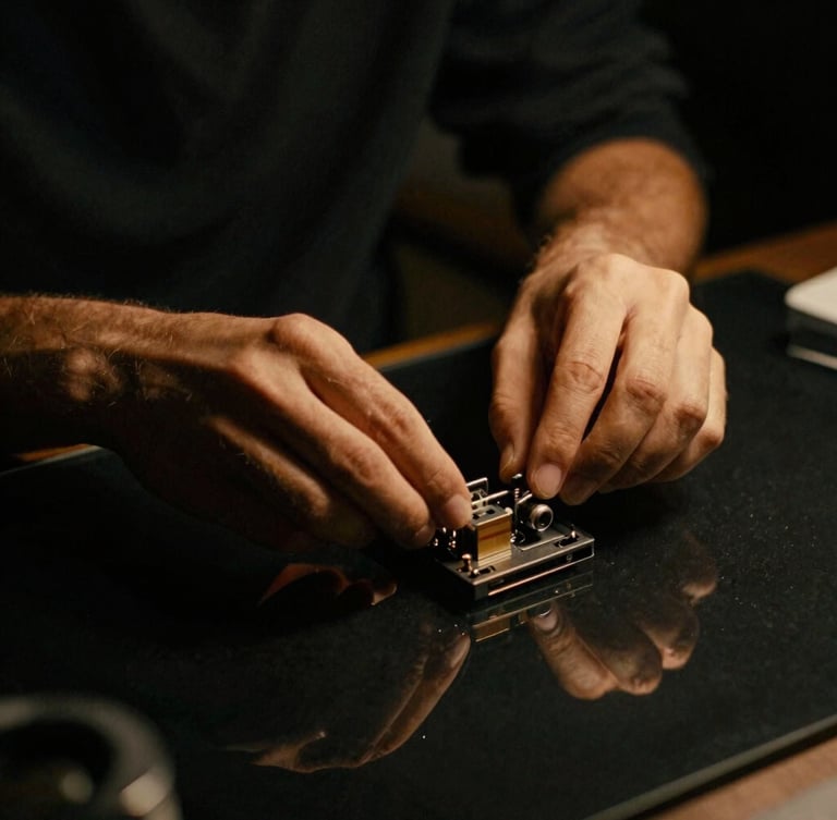 Moody editorial photography, dramatic side-lighting with warm amber highlights, close-up of hands configuring physical hardware on a matte black glass desk, 35mm film