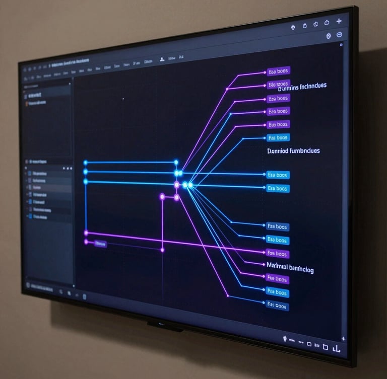 Visão isométrica em ângulo fechado de uma tela escura de automação n8n com nós conectados por linhas brilhantes azuis e roxas, interface SaaS minimalista, iluminação cibernética de fundo.