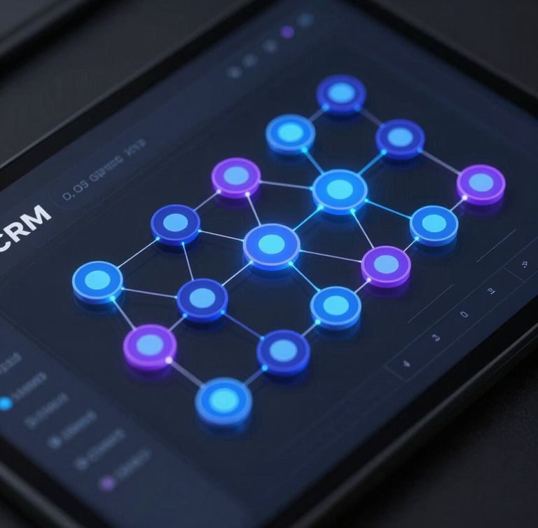 Isometric high-fidelity UI mockup of a CRM pipeline dashboard with glowing blue and purple connection nodes, clean dark mode interface, macro lens focus, cybernetic glow lighting, no text.