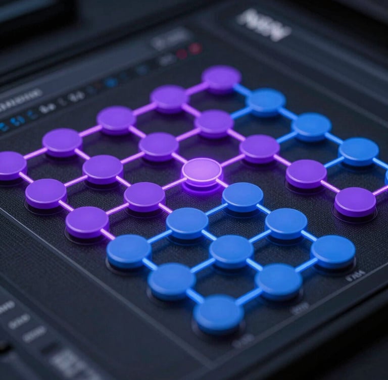 Close-up macro shot of a complex n8n automation canvas workflow, glowing purple and blue connection lines linking node blocks, high-fidelity UI layout.