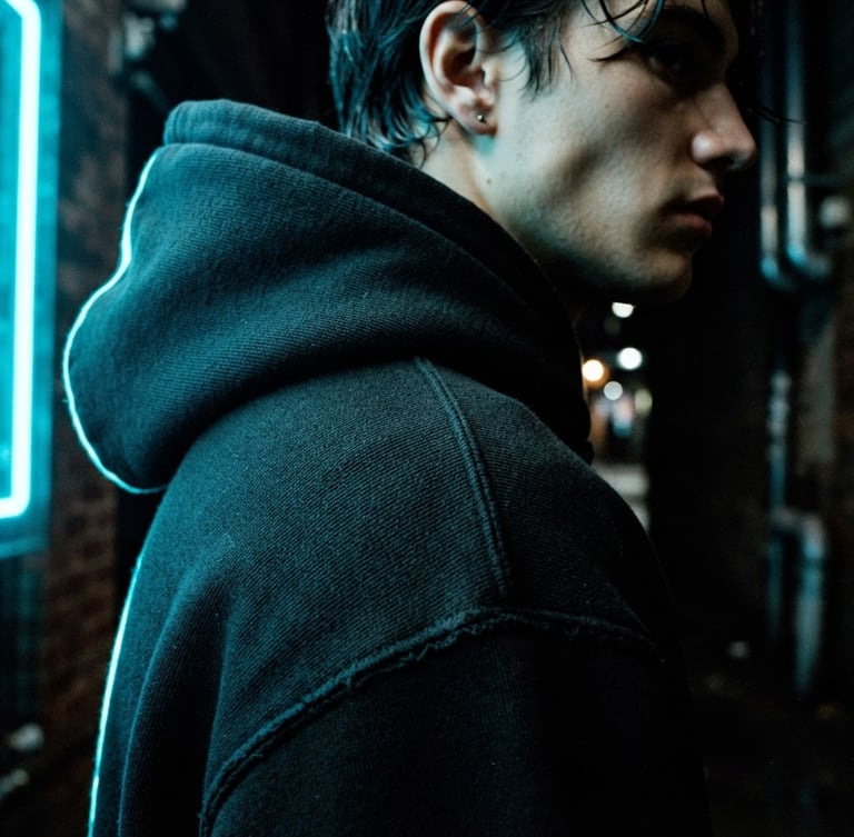 Extreme close-up of a model wearing a heavyweight black cotton hoodie in a dark urban alley, sharp electric cyan neon rim light reflecting off the structured fabric weave, cinematic 35mm lens.