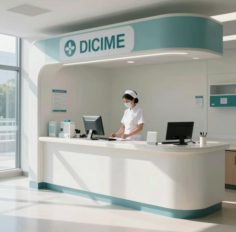 A clean architectural shot of a modern nurse's station, bright natural daylight, cool tones, unposed clinical environment.