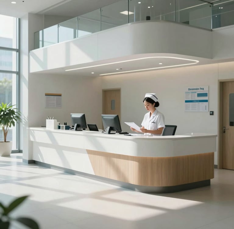 A clean architectural wide shot of a modern nurse's station bathed in cool, natural daylight, with a clinician reviewing charts on a tablet in the background.