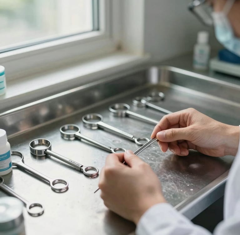 A close-up of hands organizing clinical tools on a sterile steel surface, bright daylight from a side window