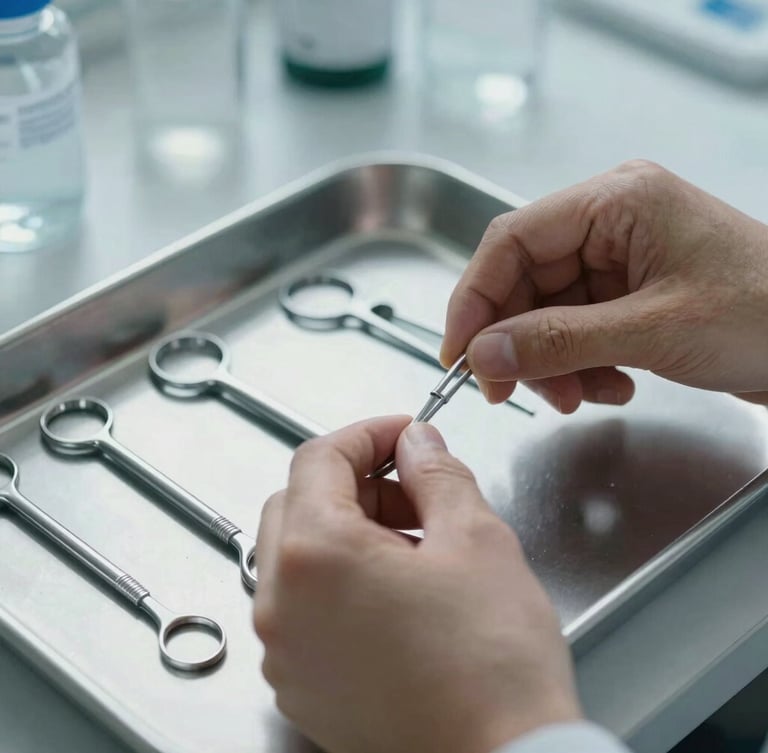A close-up of hands organizing sterile clinical tools on a clean metal tray under cool daylight