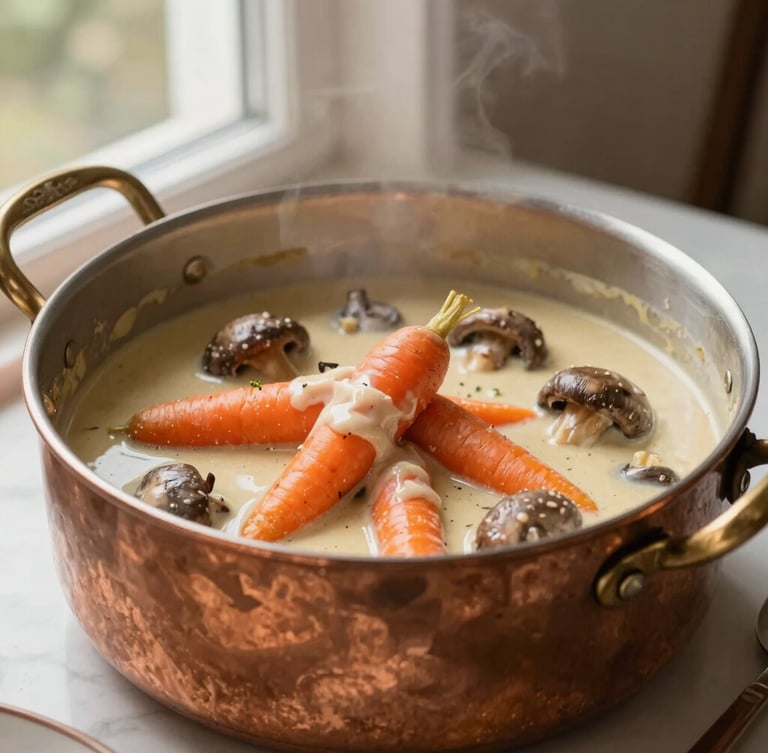 A large copper pot of traditional French blanquette de veau with fresh carrots and mushrooms, rich creamy sauce, warm bistro lighting.