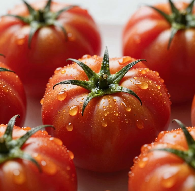 Macro photograph of vibrant organic heirloom tomatoes glistening with morning dew, soft natural side-lighting, shallow depth of field, 50mm