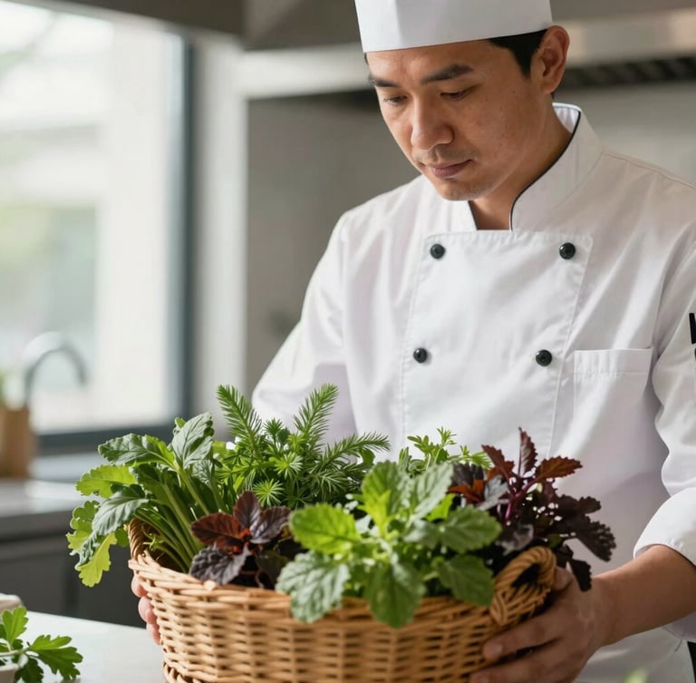A close-up portrait of a professional chef in a clean modern kitchen, inspecting a basket of freshly harvested organic herbs under soft window light.