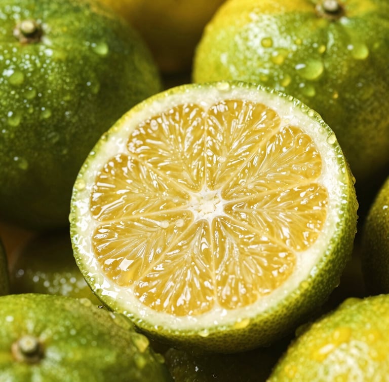 Macro shot of vibrant organic citrus fruits, cut in half to show glistening pulp, glistening droplets of water, soft side light, rich emerald and gold tones, 50mm