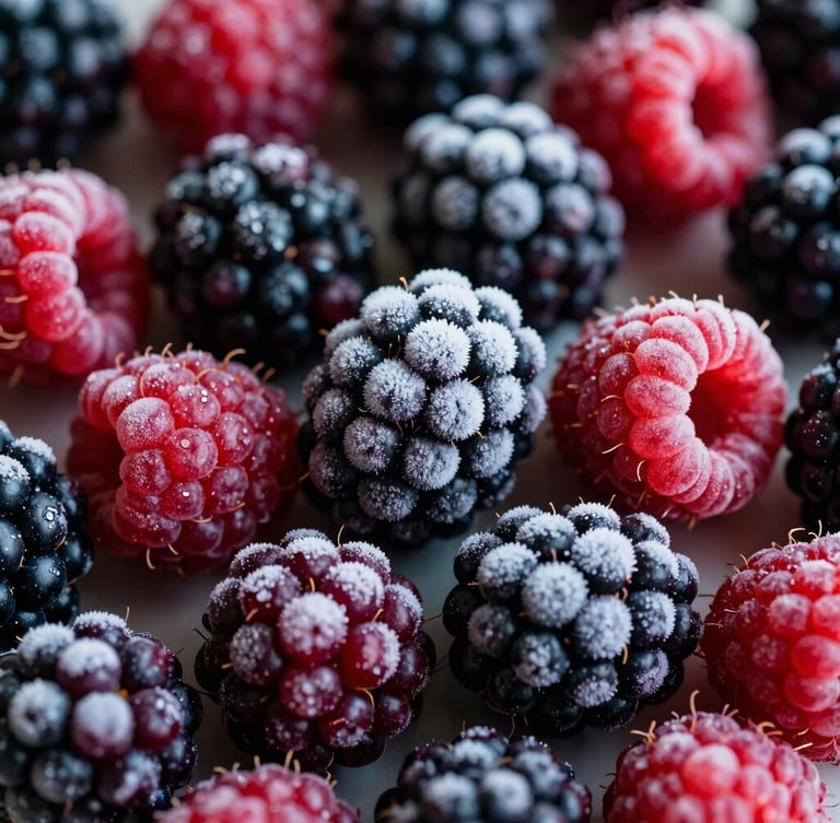 Pristine close-up of individually quick frozen organic wild blackberries and raspberries, glistening with light frost crystals, soft natural side-lighting, rich dark shadows, shallow depth of field, 50mm