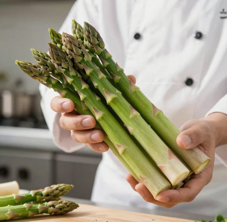 A professional chef in a clean, modern kitchen inspecting pristine fresh green asparagus stalks under soft side-lighting, macro texture, 50mm