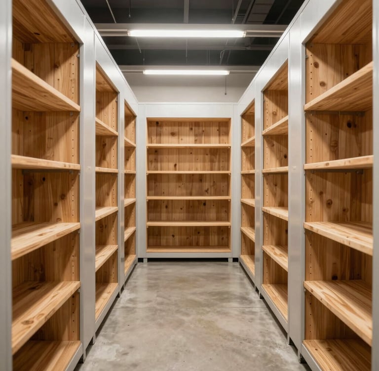 Straight-on symmetrical shot of an open, clean climate-controlled storage unit interior, showing organized wooden shelving, bright warm lighting, and pristine concrete floor.