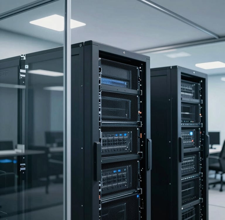 A clean, architectural medium shot of a high-tech corporate office interior, server racks visible behind glass, cool blue undertones, sharp focus