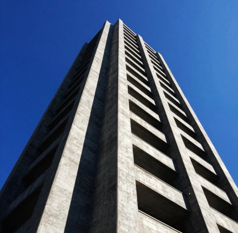 High-contrast wide-angle editorial photography of a concrete brutalist tower under direct harsh sunlight, deep black shadows, sharp angles, vibrant blue sky.
