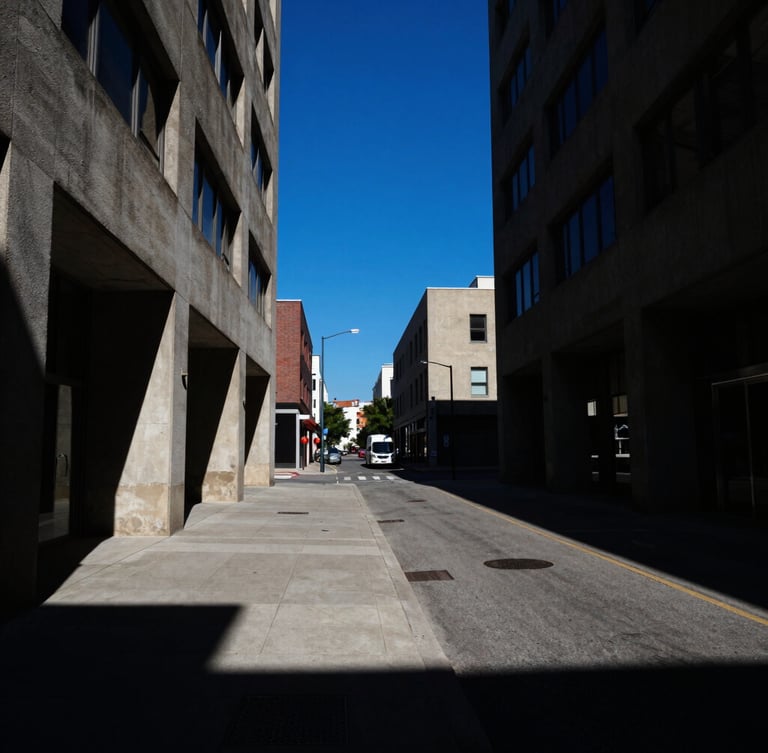 High-contrast urban street scene with sharp shadows and direct sunlight, concrete architecture, bold blue sky