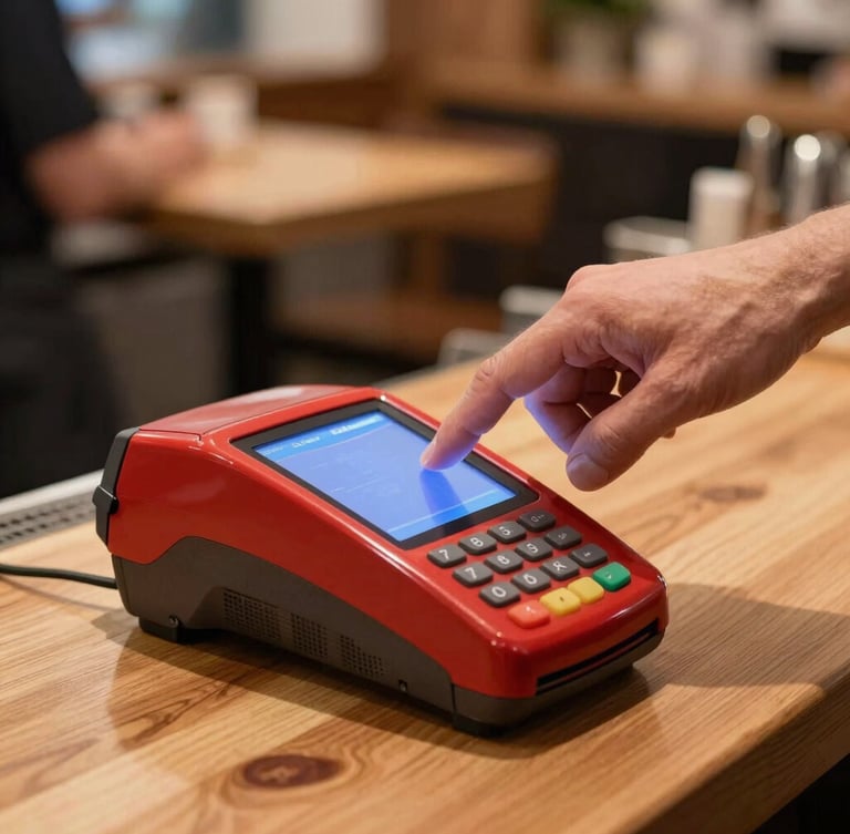 A close-up, warm-toned photograph of a chef's hand tapping a crimson POS terminal screen in a cozy Scandinavian-style bistro, natural wood counter, soft ambient light.