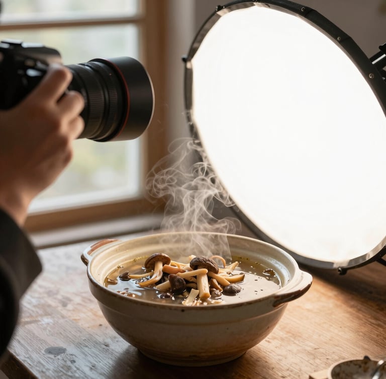 Behind-the-scenes shot of a photographer adjusting a reflector beside a rustic ceramic bowl of steaming wild mushroom soup, soft north-facing window light.