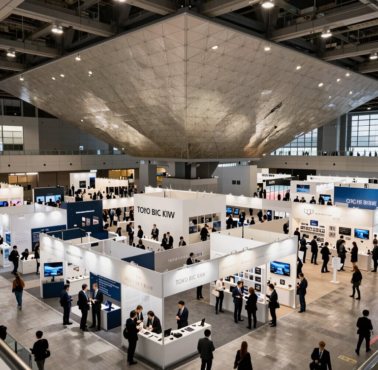 Wide environmental shot of the Tokyo Big Sight floor, bright high-energy exhibition hall lighting, bustling booths with business negotiations.