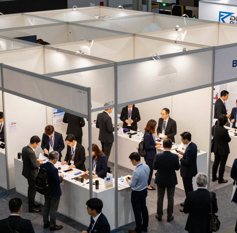 A bright high-angle shot of structured exhibition booths at Tokyo Big Sight, crowds of professional buyers negotiating at tables