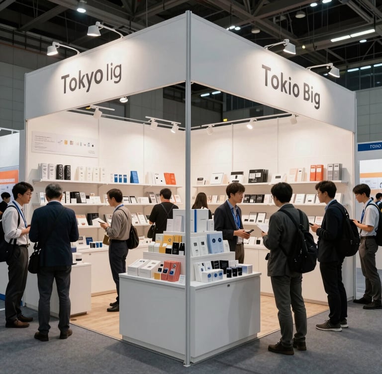 Wide environmental shot of a bustling Tokyo Big Sight exhibition booth, clean modern display shelves with licensed goods, professional trade visitors in discussion under bright hall lighting.
