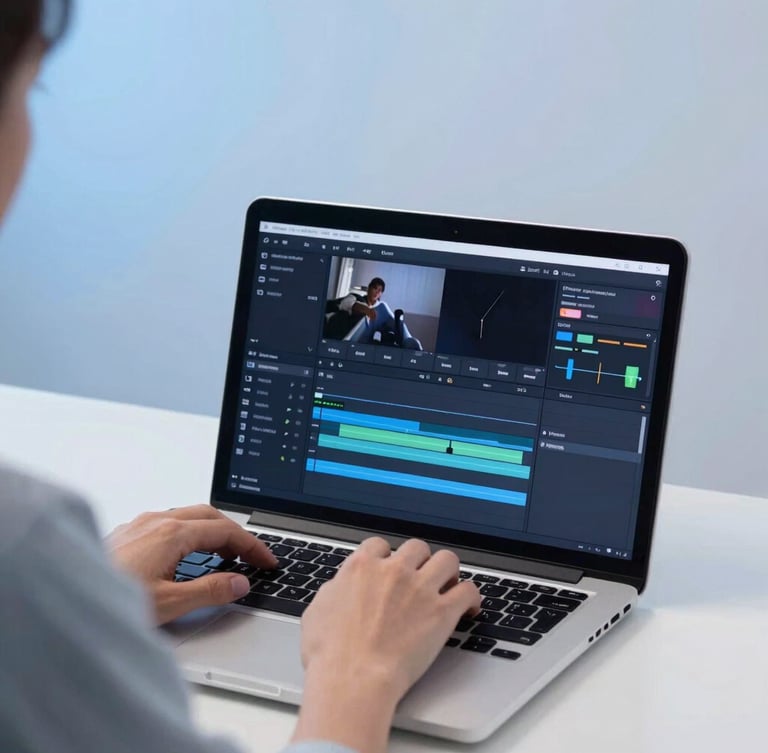 Close-up over-the-shoulder shot of a video editor working on a high-end laptop, glowing screen showing timeline, clean minimalist studio setup, soft blue ambient light