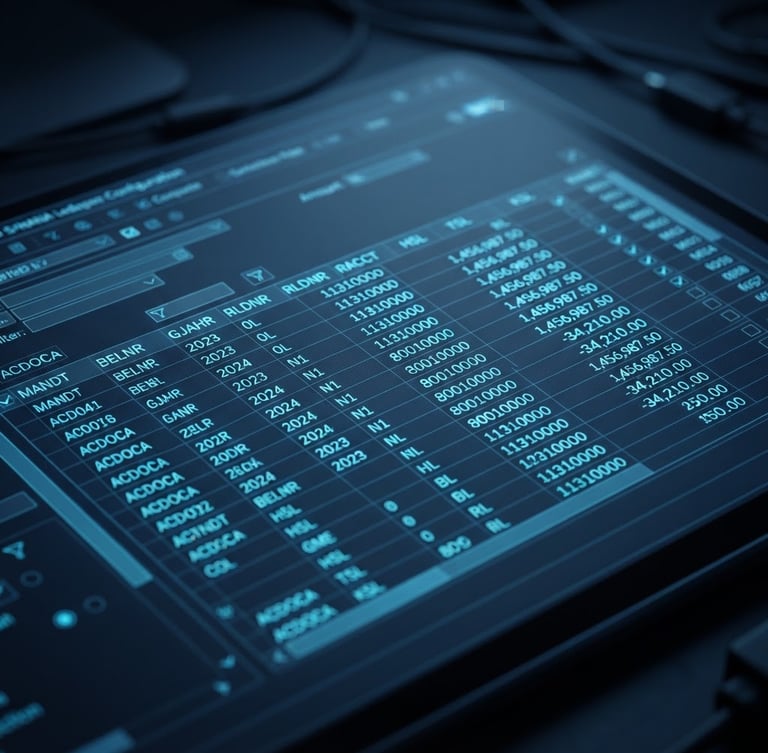 High-fidelity macro screenshot of S/4HANA ledger configuration interface, cool-toned ambient light, neon blue and slate terminal colors, sharp focus on database tables