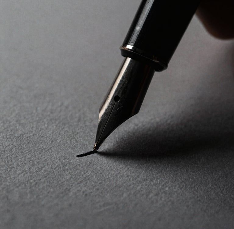 Extreme close-up of a fountain pen nib drawing a high-contrast black line on textured paper, dramatic studio lighting, deep shadows, 35mm film grain.