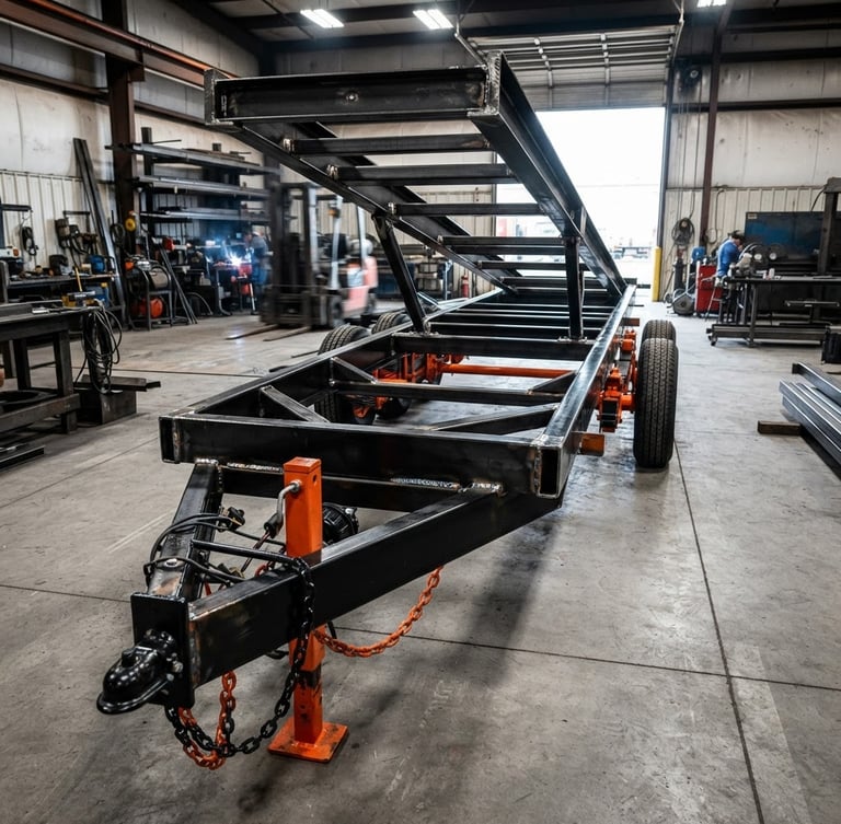 Low-angle heroic shot of a heavy-duty utility trailer chassis on a clean workshop floor, dramatic industrial lighting highlighting steel welds, high-contrast black and orange tones, sharp focus