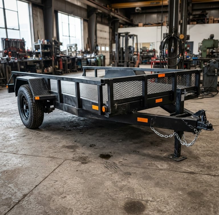 Low-angle heroic shot of a heavy-duty steel utility trailer with matte black finish and high-visibility safety orange reflectors, parked on a concrete industrial workshop floor, hard daylight highlights on welds.