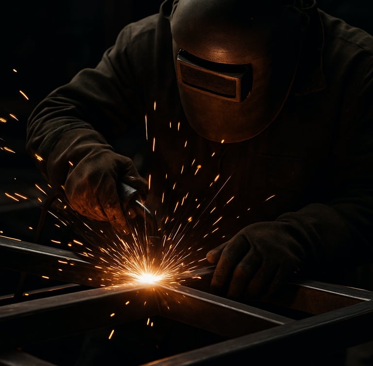 Close-up of a professional welder working on a steel trailer frame, bright orange sparks flying, dark industrial workshop background, high-contrast lighting, sharp focus, 50mm lens