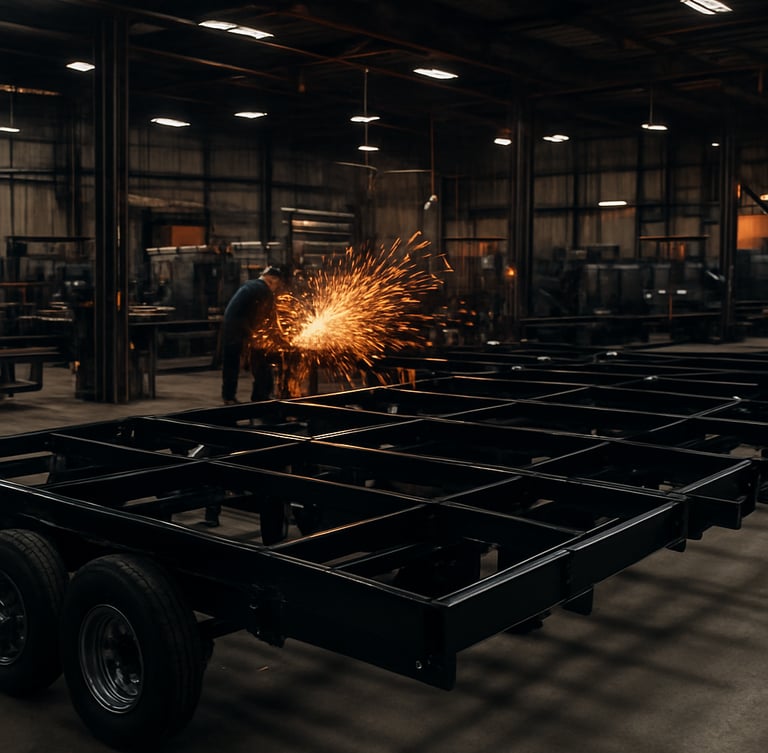 Wide shot of a modern trailer manufacturing facility, sparks flying from a welding station in the background, a row of newly painted black trailer chassis in the foreground, industrial lighting.