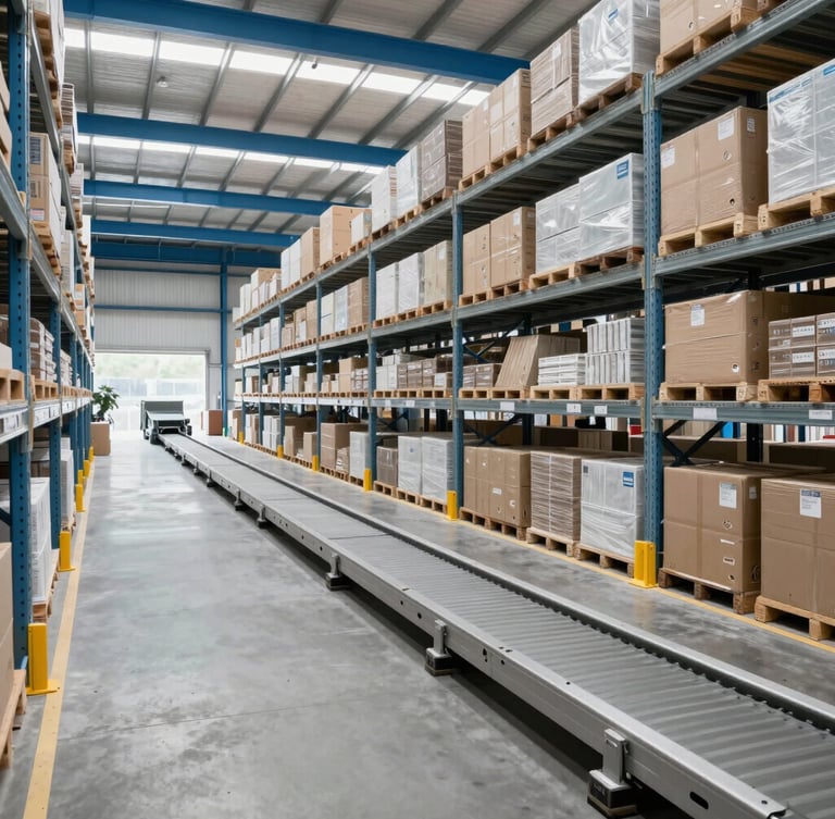 Wide-angle, daylight-balanced shot of a modern, highly organized logistics warehouse with clean steel shelving, automated sorting tracks, and cool blue architectural lines.