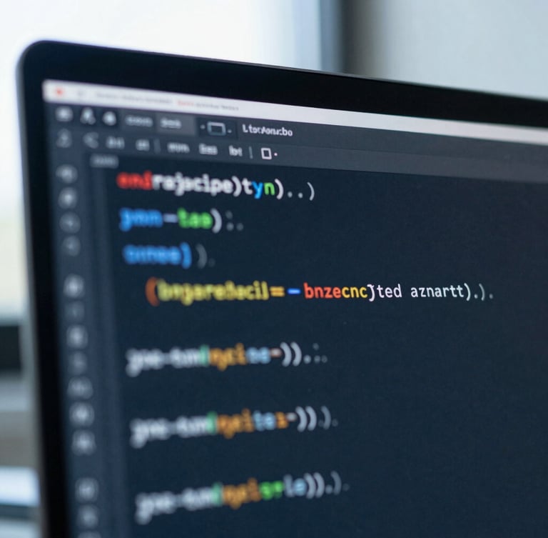 Close-up of clean code on a dark screen, soft blue ambient light, shallow depth of field, 35mm