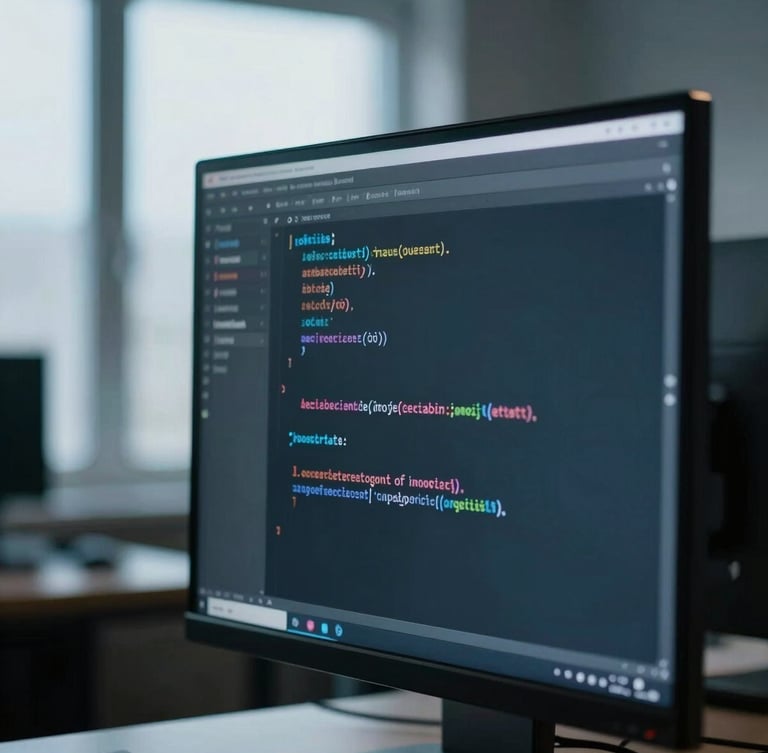 Close-up of clean code on a vertical monitor in a dimly lit room, soft cool blue ambient window light, shallow depth of field, 35mm