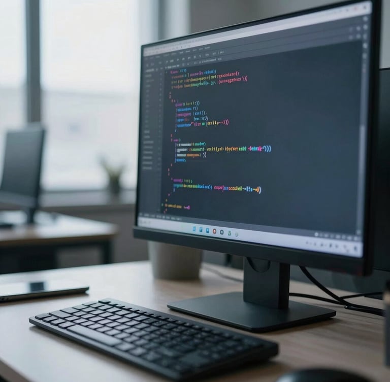 A close-up of clean code on a monitor in a cool slate-toned workspace, shallow depth of field, 35mm