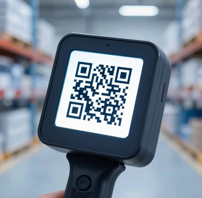 Macro shot of a high-resolution handheld scanner displaying a modern QR code in a clean, soft-focused warehouse environment, cool blue tones.