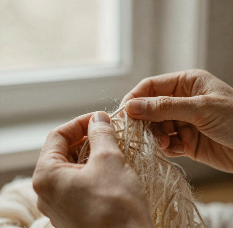 Close-up of skilled hands gently weaving unbleached wool fibers into a support, soft diffused window light, focus on texture and detail, warm earthy tones, shallow depth of field, 35mm