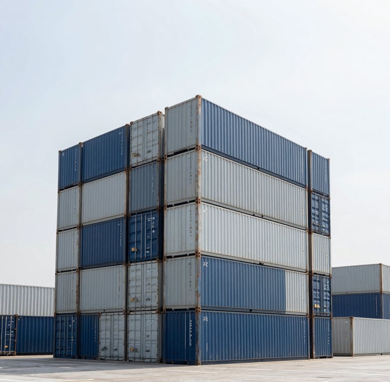 Wide architectural shot of a modern shipping port container terminal under crisp overcast daylight, cool-toned, high-contrast, structured tech grid feel