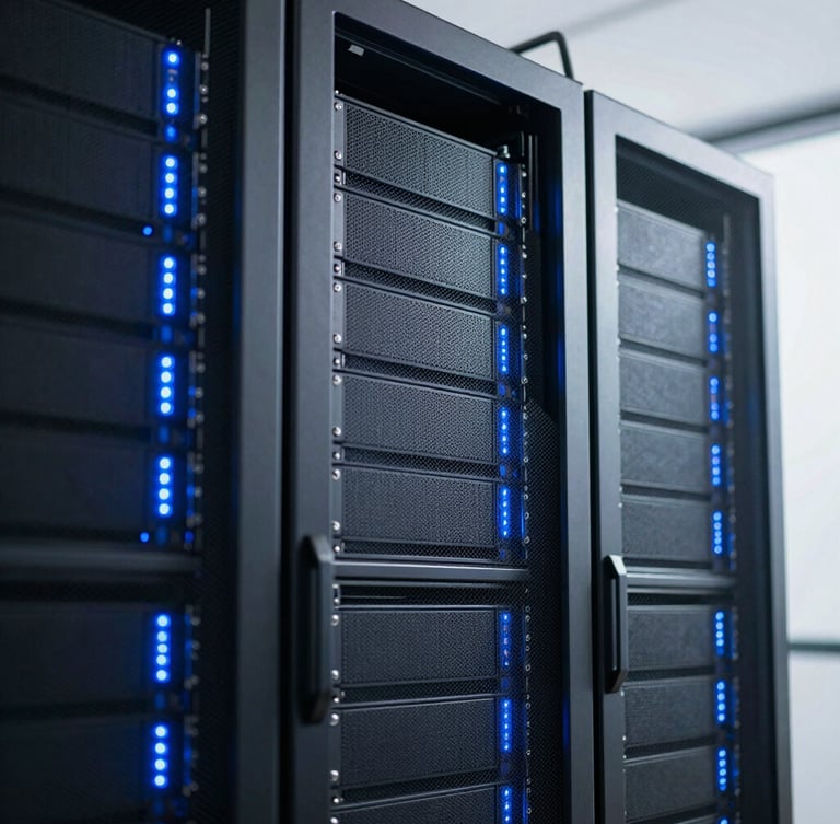 Modern server rack glowing with cool blue LED lights, sharp focus, 35mm, high-contrast tech-minimalism