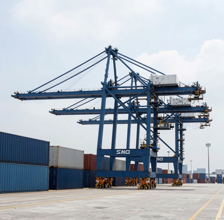 Crisp cool-toned daylight wide shot of a modern shipping port container terminal, massive blue cranes, overcast sky, sharp focus, 35mm