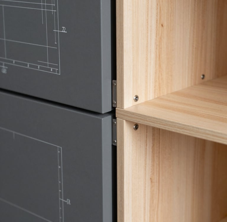 Architectural close-up of a graphite cabinet joint with light oak interior, showing precise hardware alignment, technical blueprint lines overlay, sharp focus, natural side-light