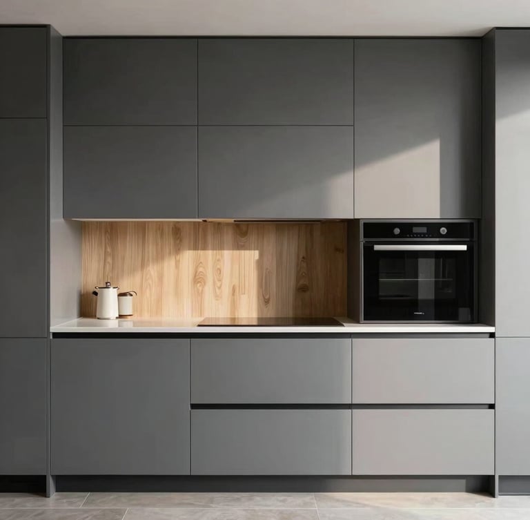 Architectural straight-on shot of a luxury modern kitchen with graphite cabinets and light oak accents, soft natural side-light, sharp focus, 35mm lens