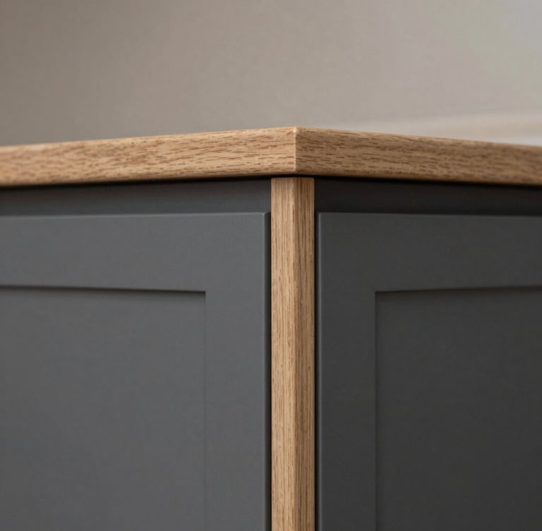 Architectural close-up of a custom kitchen cabinet corner, perfect flush joints, graphite panel meeting light oak wood, soft side-light, 35mm lens