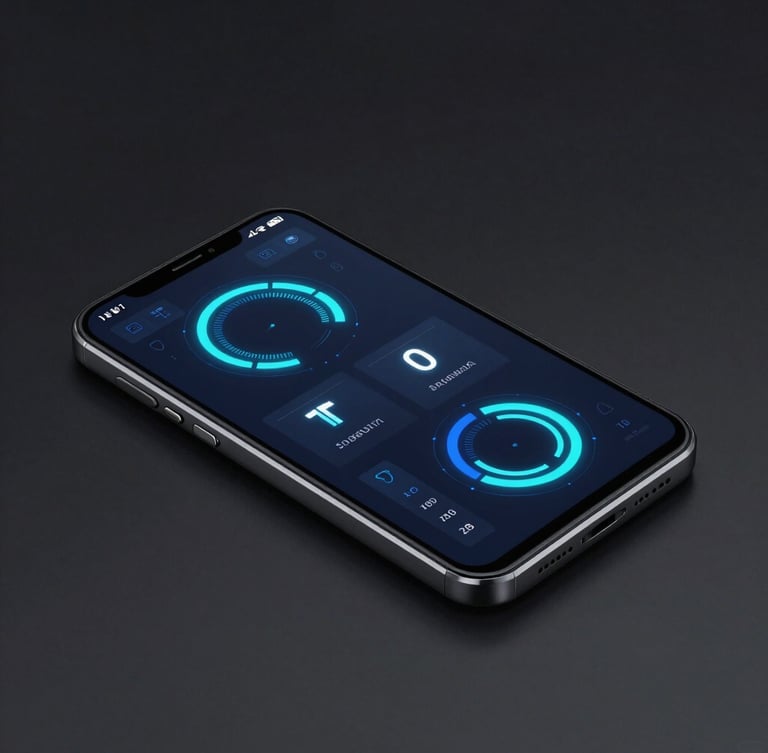 Sleek digital 3D render of a high-contrast Android device mockup showing a dark minimalist utility dashboard with vibrant neon blue and cyber teal metrics, sharp focus, isometric perspective