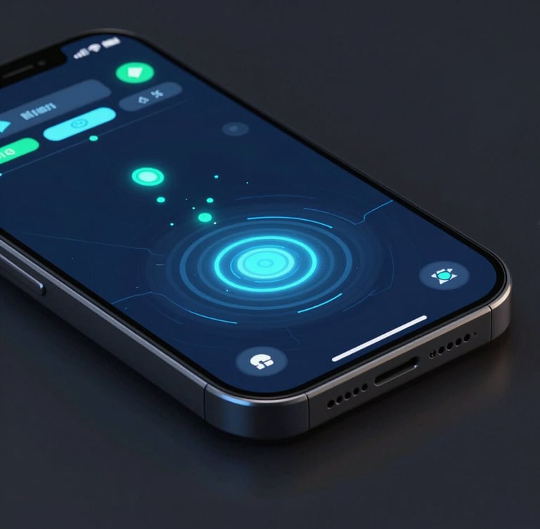 Macro shot of a high-fidelity mobile game interface on an angled phone screen, neon blue and cyber-teal particles glowing in dark studio lighting, portrait aspect