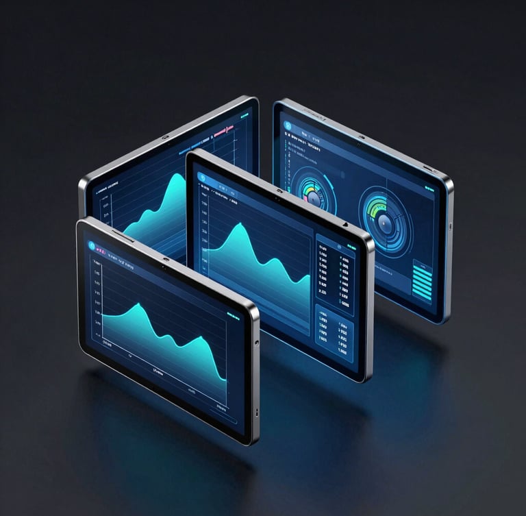 Sleek digital 3D render of multiple connected Android tablet screens displaying real-time performance graphs, neon blue and cyber teal highlights, dark atmospheric background
