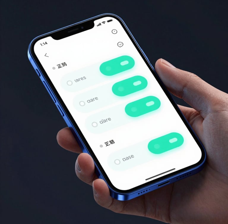 Sleek digital 3D render of a hand holding an Android phone, macro shot of a clean UI layout with glowing teal toggles, dark atmospheric background, sharp focus, isometric perspective