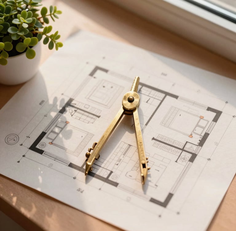Overhead flat-lay of architectural floor plans with a brass compass and a small green plant, warm morning light casting soft shadows, terracotta and cream tones, 35mm photography