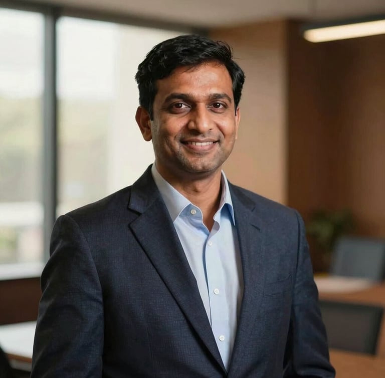 Professional and approachable portrait of an Indian financial advisor, male, smiling reassuringly, in a modern office setting with warm window light, shallow depth of field, 35mm, advisor to the left third of the frame.